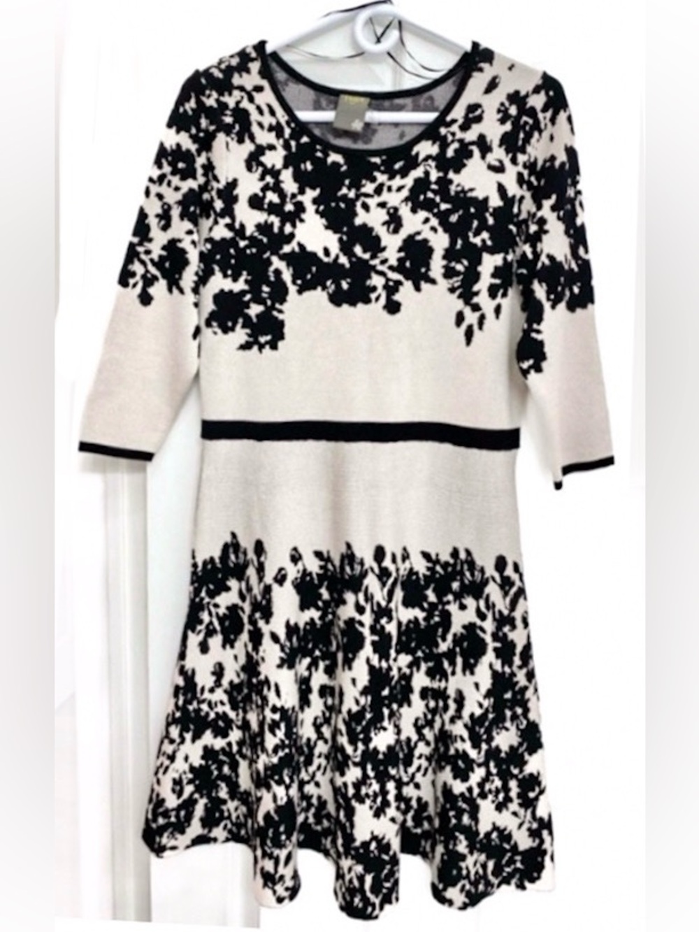 NWOT - Black and Cream Fit & Flare Knit Dress w/ 3/4 Sleeves